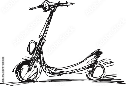 hand drawn sketch of a classic scooter with handlebars and large wheels, vintage urban transport