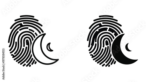 Dual fingerprint images with crescent moon symbols beside them in contrasting styles