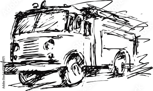 fire truck sketch drawing in dynamic black ink lines, emergency vehicle illustration