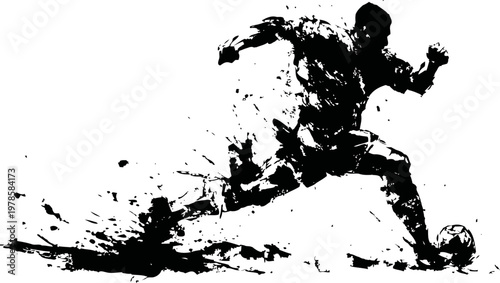 Dynamic soccer player kicking ball with explosive paint splatter effect in action silhouette
