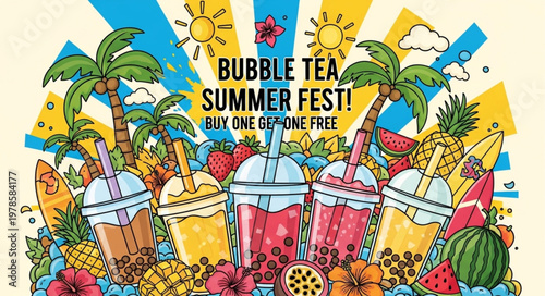 Three Colorful Bubble Tea Cups With Straws And Pearls.