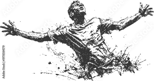 Man emerging from ink splatter with outstretched arms, dynamic artistic silhouette design