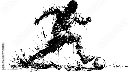 Dynamic soccer player kicking ball with splash effect illustration in black and white