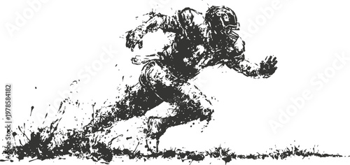 Dynamic ink sketch of an american football player sprinting on muddy field