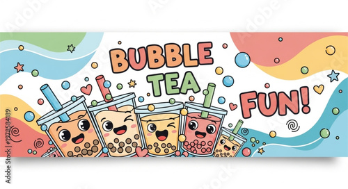 Three Cute Cartoon Bubble Tea Cups With Faces.