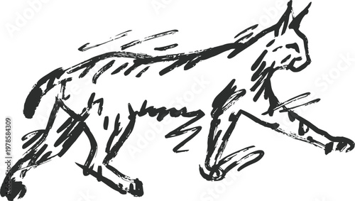 Abstract sketch of a running dog in black ink dynamic animal motion drawing with bold brush strokes and minimalistic