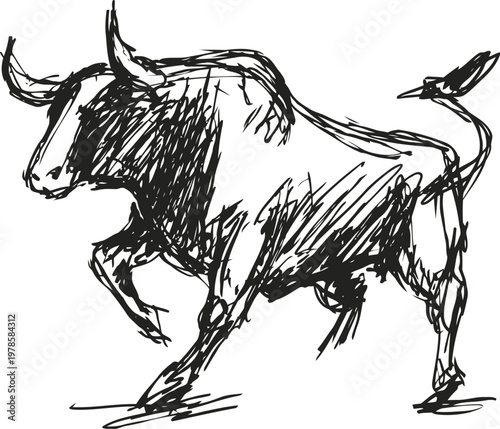 dynamic sketch of a charging bull with aggressive posture and powerful movement