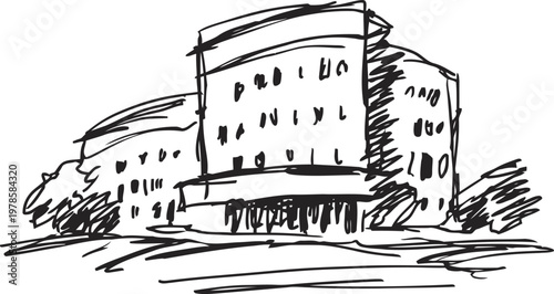 modern office building exterior sketch with curved facades and surrounding trees