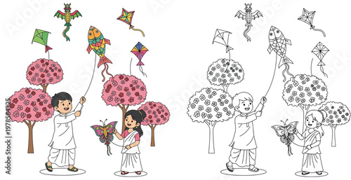 Indian children flying kites in traditional attire coloring book page for kids with blossom trees colored and line art illustration