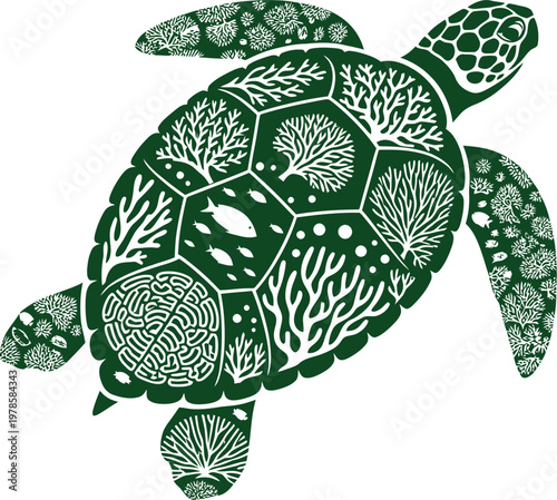 Bilde på lerret Minimalist vector icon sea turtle silhouette with coral reef patterned shell cle