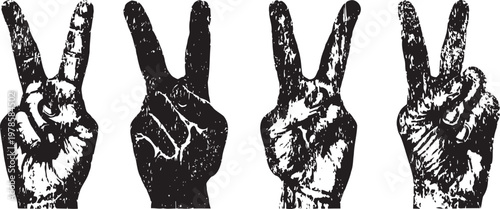 Grunge peace hand gestures with victory sign, retro textured black and white vintage