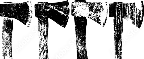 grungy vintage axe silhouettes set of old rustic timber cutting tools, distressed texture
