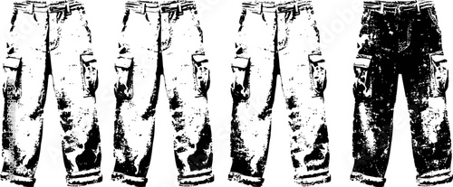 vintage worn cargo pants set in monochrome with distressed texture and multiple pockets