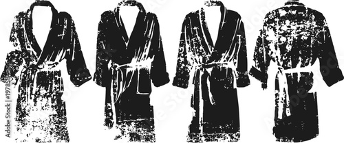 Four classic bathrobes hanging on hooks, different styles and textures in black and white silhouette
