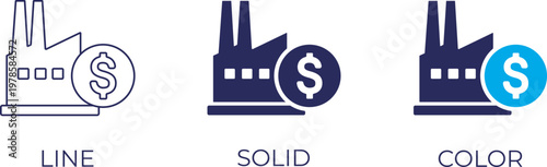 Factory icon with Money for Economy, Industrial Development, and Finance Concept Editable Vector in Stroke, Outline, and solid style.