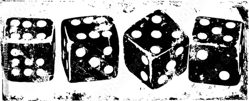 Four vintage dice with white dots on a textured background, showing various numbers for gaming and luck