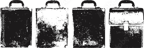 vintage grunge briefcase silhouettes in black and white, textured old luggage outlines with handles