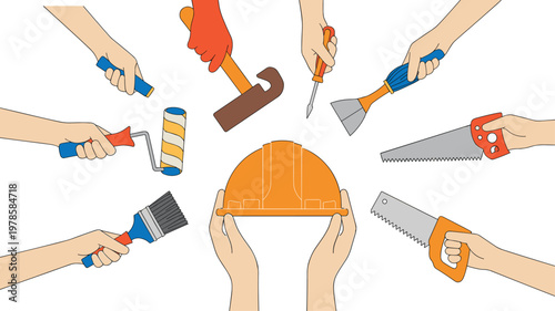 Hands of workers holding construction tools and hard hat for home renovation building maintenance DIY projects and professional teamwork.