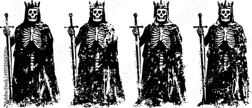 four black and white skeletal kings standing in a row wearing crowns and holding swords