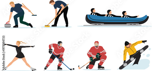 Winter sports vector set featuring athletes playing ice hockey curling bobsleigh figure skating and snowboarding for seasonal competition and recreation.