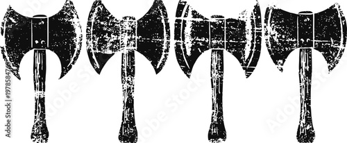 Set of four vintage distressed battle axes with wooden handles in grunge