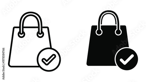 Shopping bag icons with confirmation checks indicating successful purchase or approval