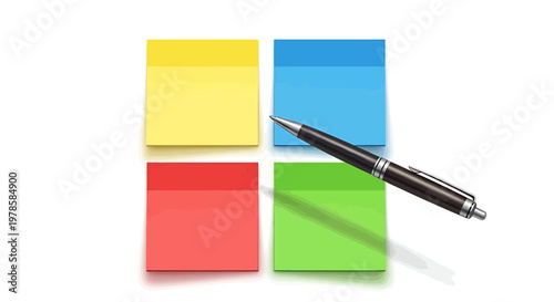 A colorful set of sticky notes with a pen on a clean white background for organization and planning