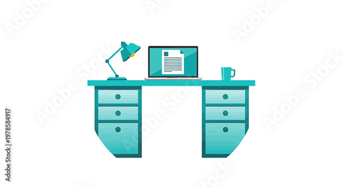 A minimalist vector illustration of a teal desk with a laptop, lamp, and mug on a white background