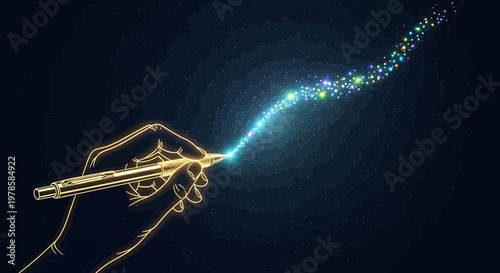 A hand holding a glowing pen creating a vibrant trail of light and colorful dots in a dark background