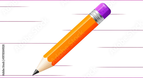 A colorful illustration of a pencil with a purple eraser on a lined paper background
