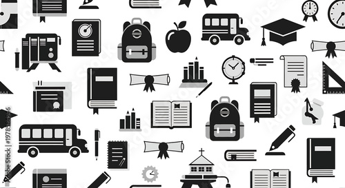 A black and white vector graphic illustration of various educational icons and symbols on a seamless pattern background