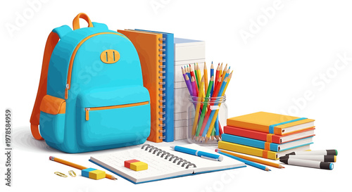 A colorful collection of school supplies including a backpack, notebooks, pencils, and pens on a white background