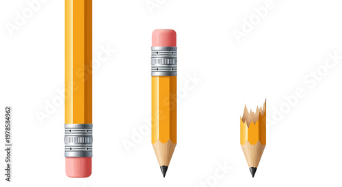 A vector graphic illustration of three yellow pencils with pink erasers in different stages of use