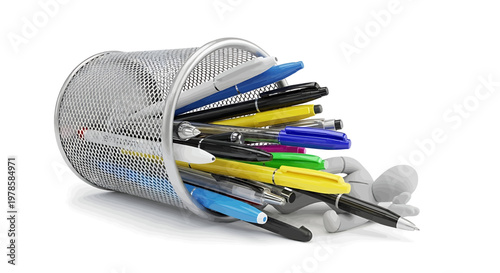 A metal mesh pen holder overflowing with colorful pens and pencils on a white background