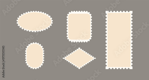 Set of blank frames of postage stamps. a retro post stamp set. Empty postal shapes border, and a collection of paper postmarks, suitable for mailing letters.