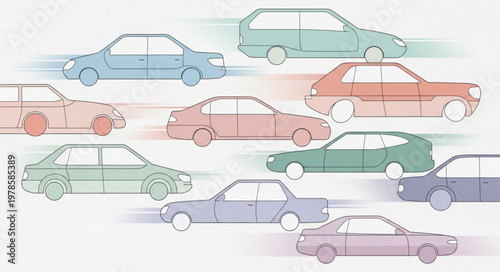 Collection of colorful cars driving on the road.