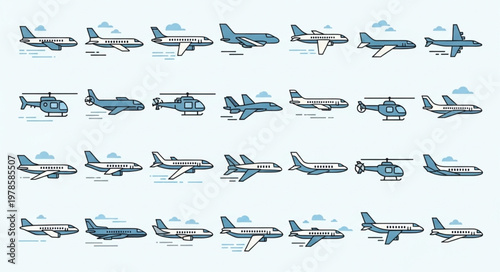 Collection of various aircraft and helicopters in flight.
