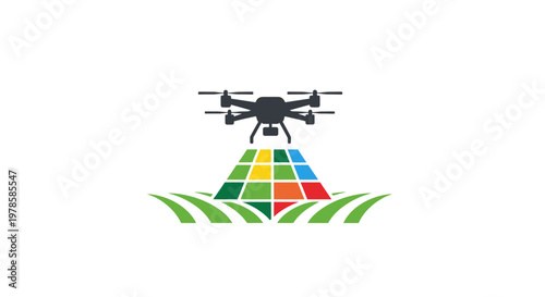 Drone flying over colorful grid pattern.