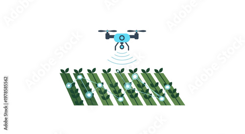 Drone flying over farm crops field.