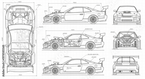 Detailed Engineering Blueprints of a Sports Car.