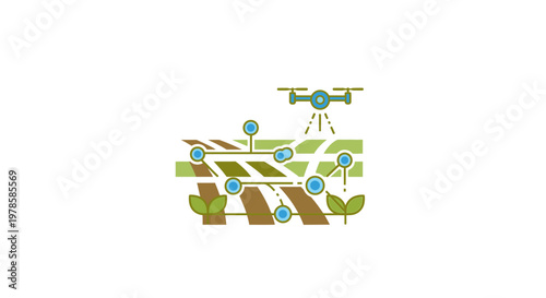 Drone flying over farm fields.