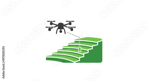 Drone flying over green crop field.