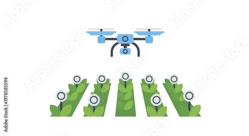 Drone flying over green crop fields.
