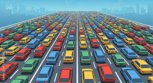 Massive traffic jam on a multi lane highway with colorful cars.