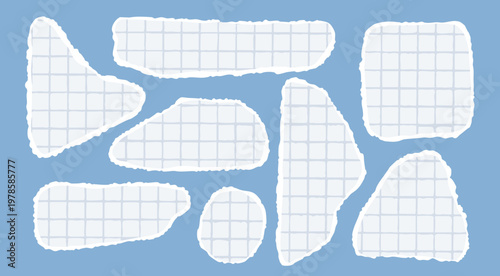 Checkered torn paper pieces. Ripped papers with rough edges. Different shapes, fragments. Collage, sticker note, reminder, banner concept. Hand drawn Vector illustration. Isolated design elements 
