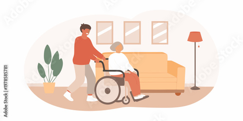 A young man assisting an elderly woman in a wheelchair indoors