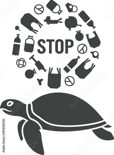 World Sea Turtle Day minimalist vector icon ocean pollution concept turtle with plastic debris stop symbol circular design single color dark grey