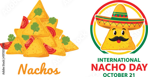International Nacho Day Celebration with Delicious Nachos, Fresh Toppings, and Fun Nacho Character in Vector Style