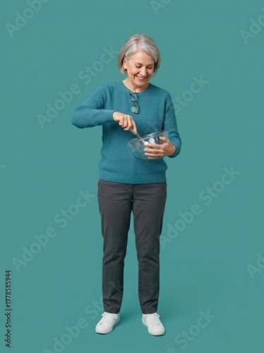 An elderly woman baking or preparing a recipe.