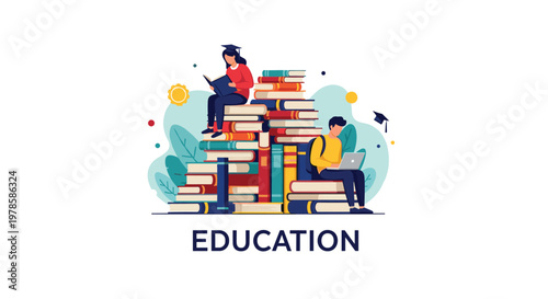 Ambitious students reading books and using laptops while sitting on a massive stack of textbooks for their studies.